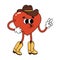 Groovy hippie heart character in cowboy hat. Cartoon character in trendy retro style for Valentines day design. Love