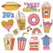 Groovy Hippie Retro junk food and drinks stickers set. Cute vintage icon logo Label in 70s, 80s, 90s style. Flat with
