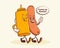 Groovy Hotdog Retro Characters Label. Cartoon Sausage and Mustard Bottle Walking Smiling Vector Food Mascot Template