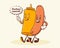 Groovy Hotdog Retro Characters Label. Cartoon Sausage and Mustard Bottle Walking Smiling Vector Food Mascot Template