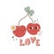 Groovy love hippie 70s poster. Funny cartoon cherry character. Vector Valentines day psychedelic card