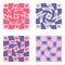 Groovy patterns with hearts collection in 1970s style. Romantic checkerboard prints set for fabric, T-shirt, stationery. Doodle