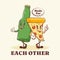 Groovy Pizza and Beer Retro Characters Label. Cartoon Slice and Bottle Walking Smiling Vector Food Mascot Template