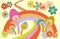 Groovy poster 70s. Retro print with hippie elements. Cartoon psychedelic landscape with hippy flowers daisy, rainbow and