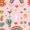 Groovy psychedelic stickers set in seamless pattern, funny retro hippie party elements