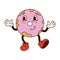 Groovy retro cartoon character. Pink icing donut with eyes and gloved hands.