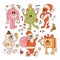 Groovy retro cartoon characters set - Santa Claus, Christmas tree, gift box, ball, snowman, candy cane in trendy 70s-80s