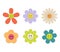 Groovy retro flowers daisy set. Hippie stickers in 1970 style. Vector Disco flowers with smiles isolated on white