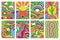 Groovy retro vibes, 70s hippie style psychedelic art posters. Abstract psychedelic hippie rainbow landscape 60s posters