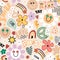 Groovy seamless pattern with flowers, rainbow, peace sign. Retro style texture
