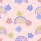 Groovy seamless pattern with flowers and rainbows in 1970s style. Boho aesthetic print for T-shirt, fabric, textile. Floral vector