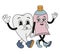 Groovy walking tooth and toothpaste in old classic cartoon style.