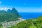 Gros and Petit Pitons near village Soufriere on Caribbean island St Lucia - tropical and paradise landscape scenery on Saint Lucia