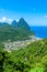 Gros and Petit Pitons near village Soufriere on Caribbean island St Lucia - tropical and paradise landscape scenery on Saint Lucia