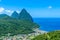 Gros and Petit Pitons near village Soufriere on Caribbean island St Lucia - tropical and paradise landscape scenery on Saint Lucia