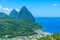 Gros and Petit Pitons near village Soufriere on Caribbean island St Lucia - tropical and paradise landscape scenery on Saint Lucia