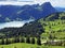 Gross Aubrig and Chli Aubrig Mountains above the valley Wagital or Waegital and alpine Lake Wagitalersee Waegitalersee,Innerthal