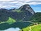 Gross Aubrig Mountain above the valley Wagital or Waegital and alpine Lake Wagitalersee Waegitalersee, Innerthal