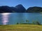 Gross Aubrig Mountain and Gugelberg Hill above the valley Wagital or Waegital and alpine Lake Wagitalersee Waegitalersee