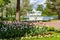 Grotto pavilion and spring tulips in Catherine park, Tsarskoe Selo Pushkin, St. Petersburg, Russia