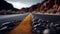 Ground close up point of view black asphalt long road with desert sand dunes on the sides