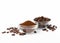 Ground coffee and beans in a bowl and loose isolated