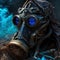 On the ground lies a gas mask with blue steampunk eyes, depicted in a fantasy art style with a steampunk theme. Generative Ai