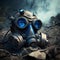 On the ground lies a gas mask with blue steampunk eyes, depicted in a fantasy art style with a steampunk theme. Generative Ai