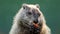 Groundhog closeup eating carrot in hands center green background
