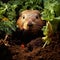 A groundhog is coming out of the burrow AI generated