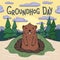 Groundhog day. Cute groundhog looking out from the burrow on picturesque pine forest and morning sky background. Line