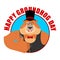 Groundhog day emblem. Groundhog in hat thumbs up and winks. Wood