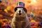 Groundhog Day. February 2nd, Punxsutawney Phil, hat, happy and smiling. folklore, superstition, weather forecasting