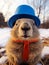 Groundhog Day. February 2nd, Punxsutawney Phil, hat, happy and smiling. folklore, superstition, weather forecasting