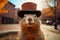 Groundhog Day. February 2nd, Punxsutawney Phil, hat, happy and smiling. folklore, superstition, weather forecasting