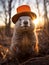 Groundhog Day. February 2nd, Punxsutawney Phil, hat, happy and smiling. folklore, superstition, weather forecasting