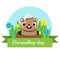 Groundhog day greeting banner. Seasonal calendar card with cartoon sleepy groundhog looking out from hole