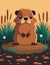 Groundhog day. Groundhog in his burrow. Cartoon graphics