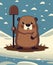 Groundhog day. Groundhog in his burrow. Cartoon graphics