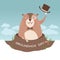 Groundhog day illustration with happy marmot in a hat