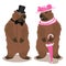 A groundhog in a gentleman's suit with his lady. A pair of groundhogs for the Groundhog Day holiday. A groundhog man