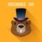 Groundhog in hat. Graundhog day funny cartoon card template.