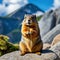 groundhog is sitting on rock and looking at the camerwith mountain in the