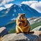 groundhog is sitting on rock and looking at the camerwith mountain in the