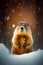 Groundhog standing on its hind legs in snow storm with snow falling on it. Generative AI