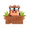 Groundhog in sunglasses holding wooden plate with spring text, leafs and flowers. cartoon vector illustration. isolated on white b