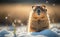 Groundhog in sunglasses on the snow, blurred green grass background, happy groundhog day concept, generative AI