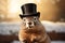 Groundhog In Top Hat. Photorealistic Image. Groundhog Day Greeting Card. Spring Theme. AI Generated