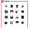 Group of 16 Modern Solid Glyphs Set for cricket, money, coffee, investment, map