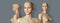 group of 3 naked and bald store window mannequins or display dummies with realistic faces